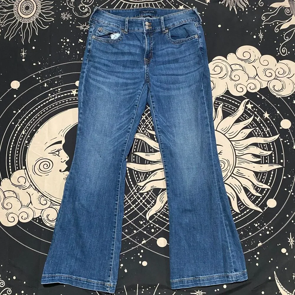 Aeropostale Flared Jeans Womens 14 Blue Cotton Denim Faded Whiskered Stretch